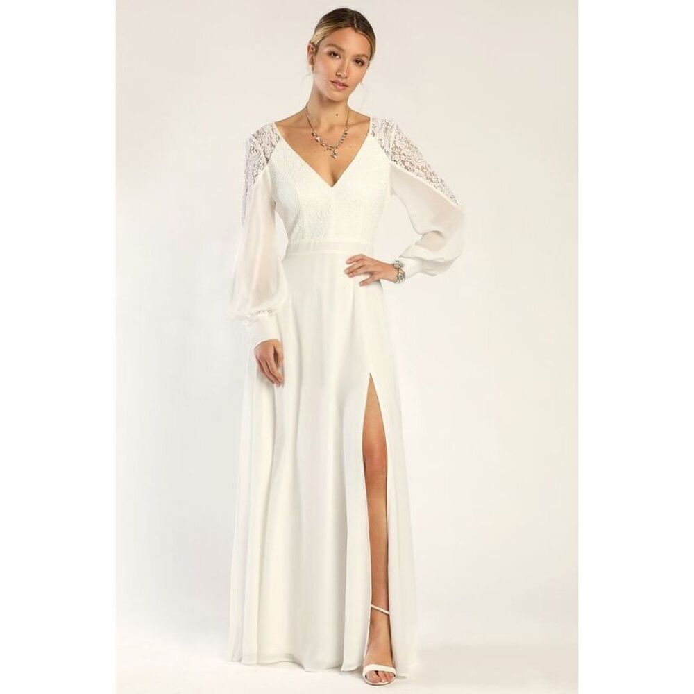 Lulus Astra White Lace Long Sleeve Backless Maxi Dress - Size L